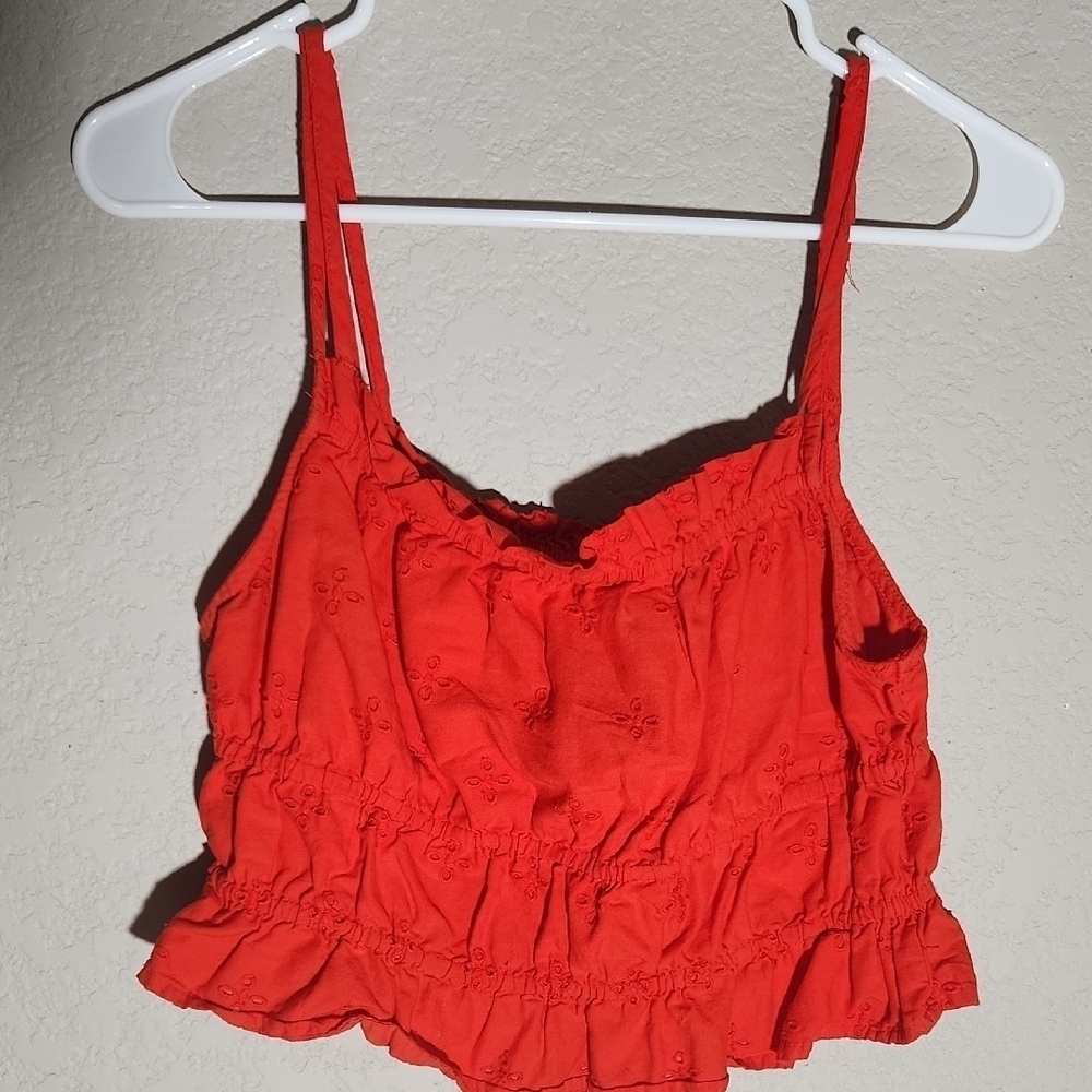 Dizzy Lizzy Babydoll Crop Top Red Tiered XL Sleeveless Eyelet Peplum